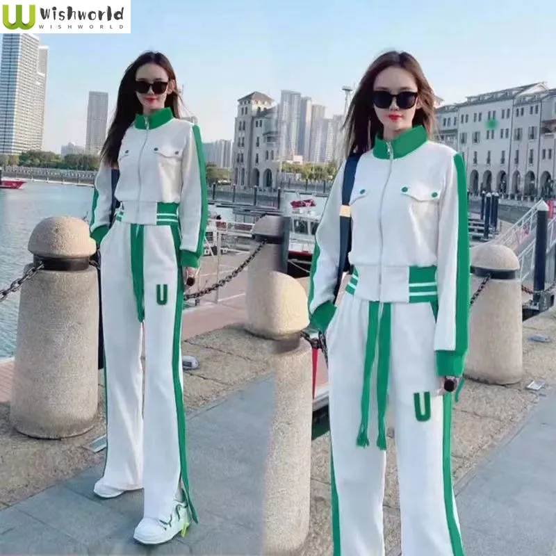 

Fashion Suit Women's New High Collar Slim Cardigan Letter U Split Casual Wide Leg Pants Westernized Two-piece Sports Suit