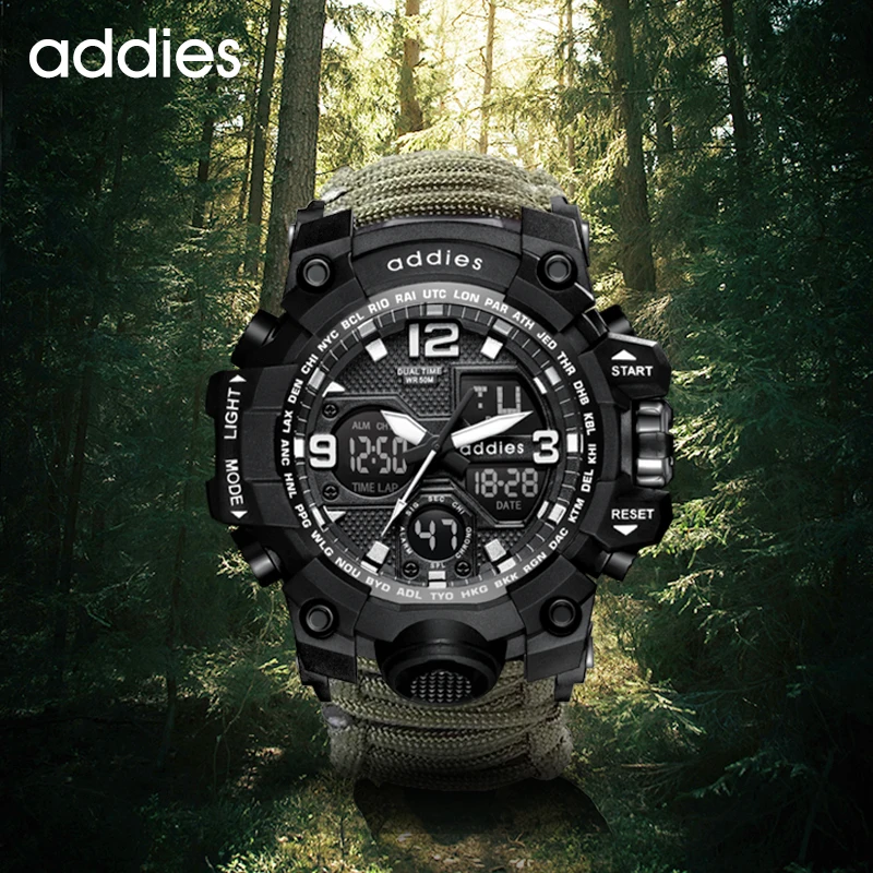 ADDIES Men Watch Outdoor Sports LED Digital Quartz Wristwatch Waterproof Compass Whistles Military Dual-Display Electronic Watch