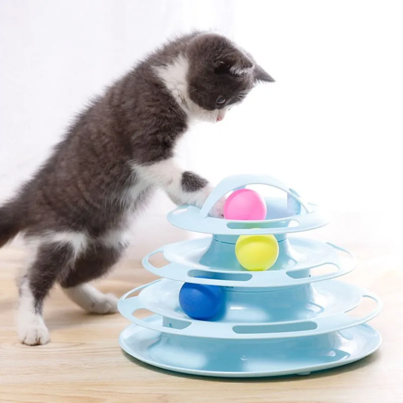 4 Levels turnable Toys for cats accessories Tower Tracks with balls cat toy Interactive Intelligence Training with fun cat stick