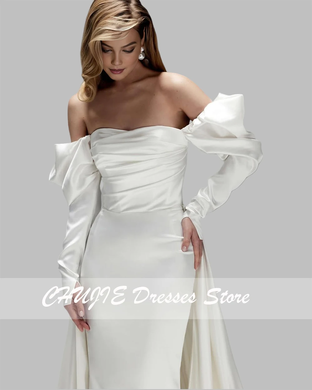 Robe de mariée blanche élégante et exquise, épaules dénudées, grande taille, manches longues, robe de mariée sirène Court, personnalisée