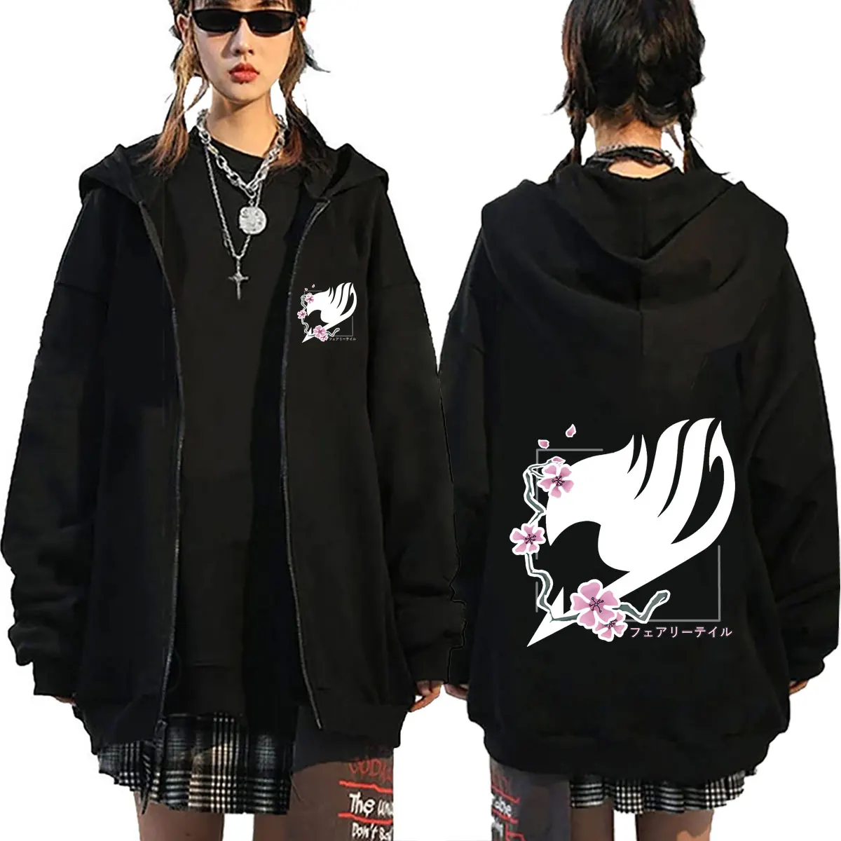 Heißer Anime Fairy Tail Natsu Dragneel Kirschblüten Logo Grafik Reißverschluss-Hoodie für Männer und Frauen Manga Übergroße Zip-Up-Jacke Sweatshirt – Detail 3