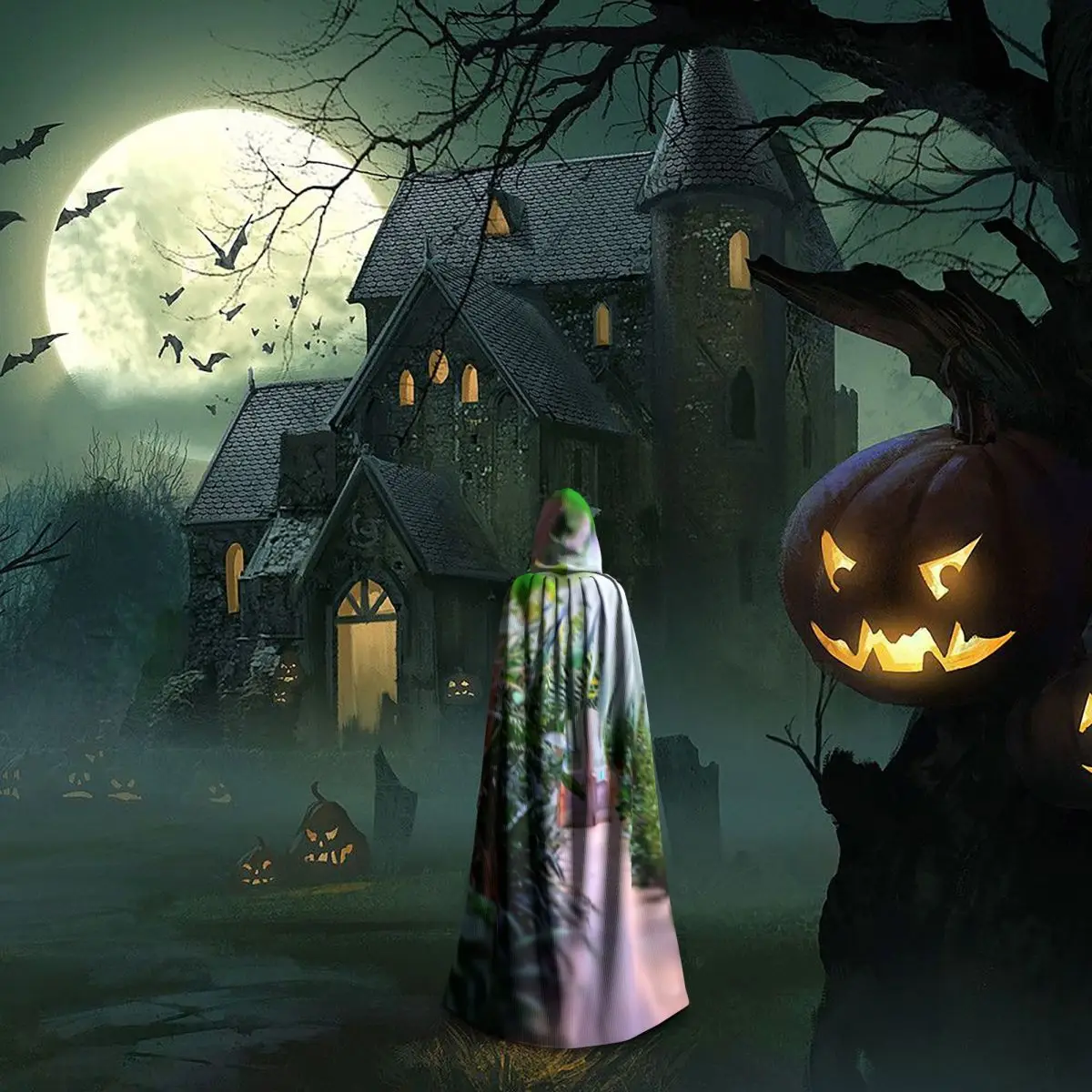 Path Through The Jungle Long Hooded Cloak Witch Medieval Costume Cosplay Cape HalloweenParty Adult Unisex