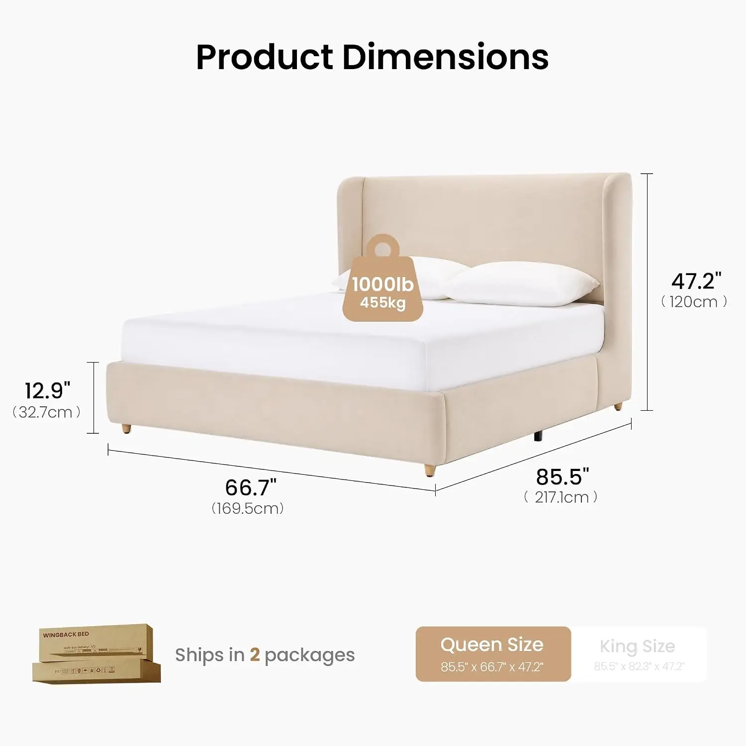 Queen Upholstered Platform Bed Wingback Headboard Beige, Customized