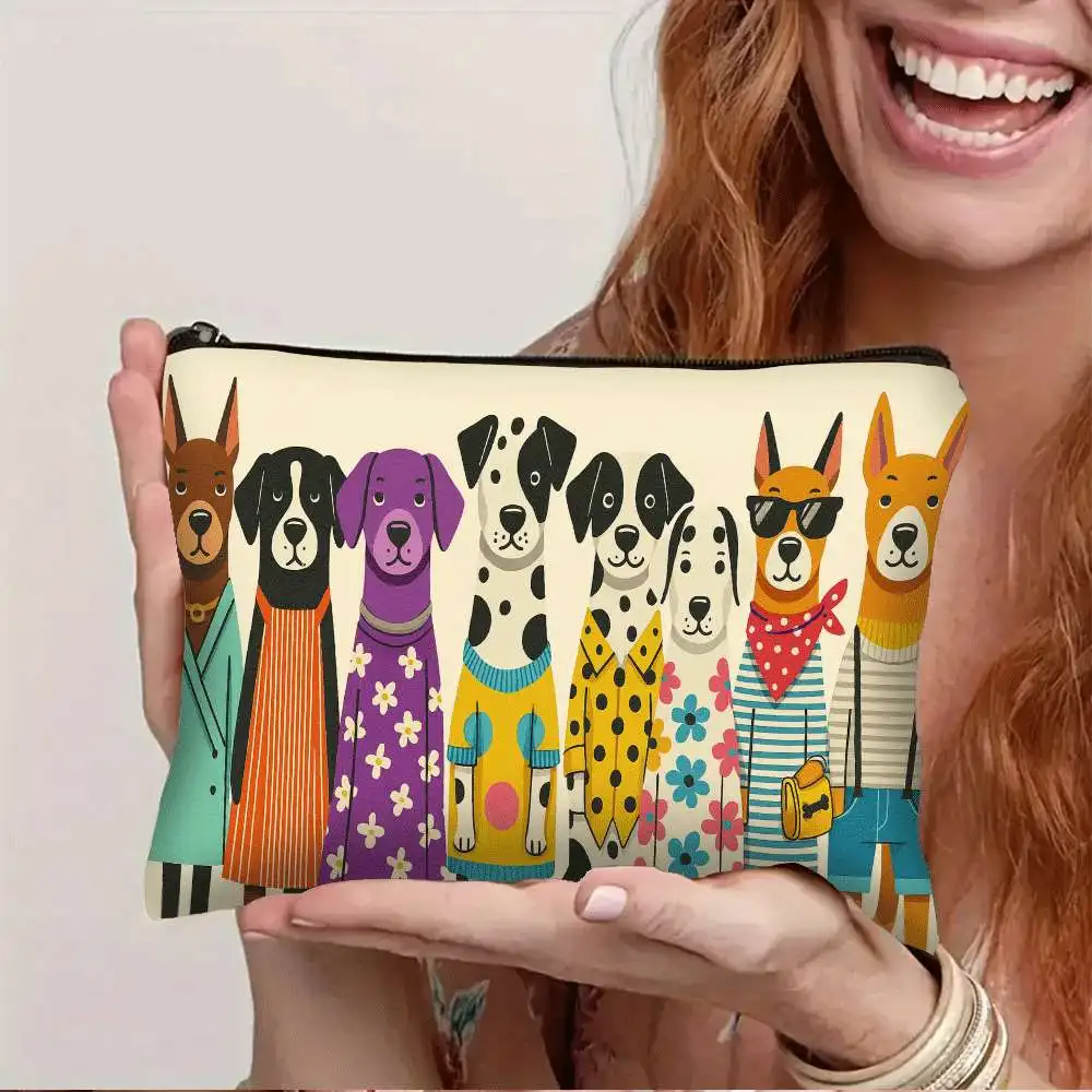 Fashion Dressed Dogs Zipper Makeup Bag Funny Multi‑Breed Puppy Retro Cartoon Print Cosmetic Pouch Portable Ladies Storage Purse