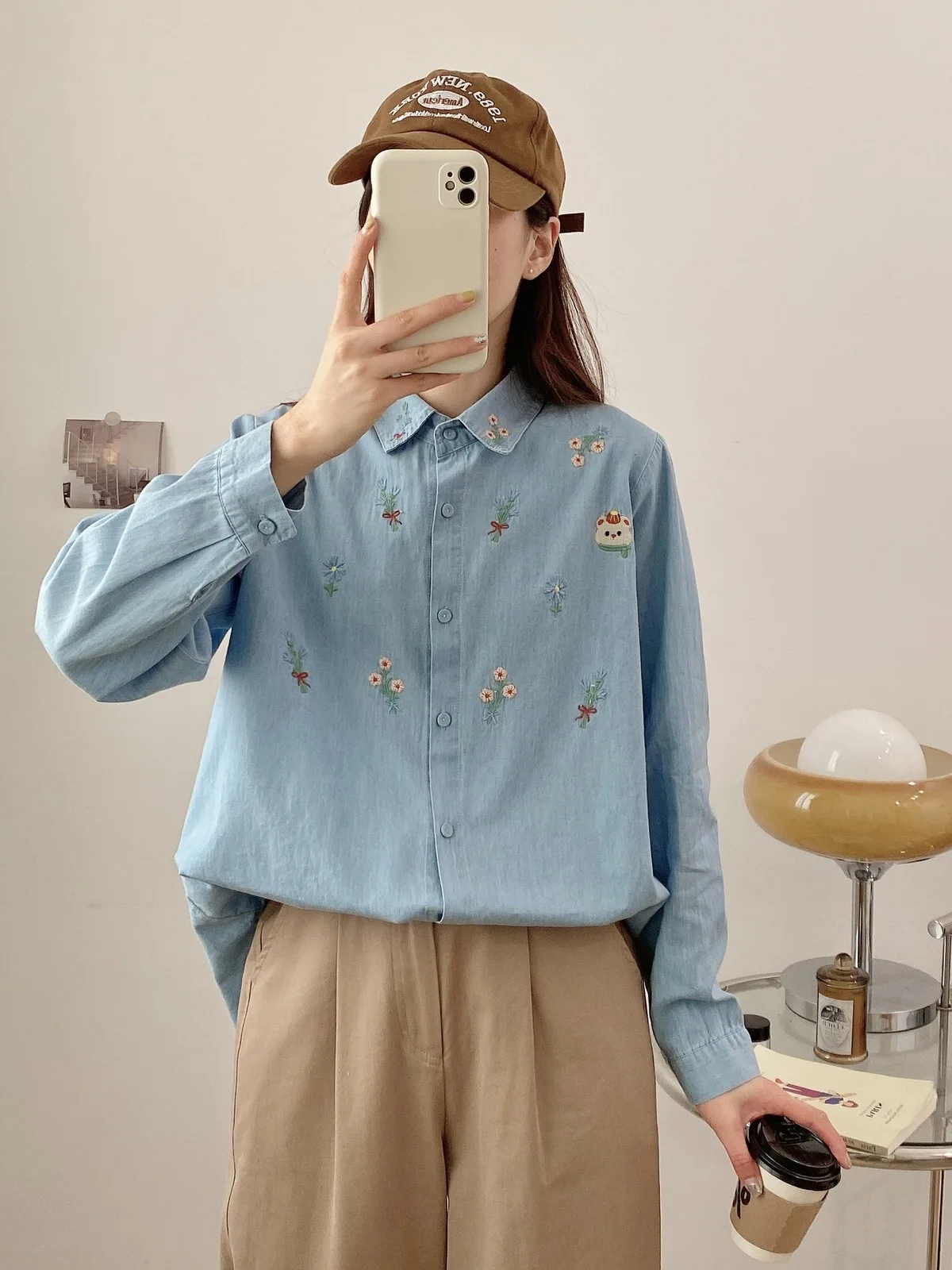 New Autumn Cotton Embroidery Denim Shirt Women Lapel Collar Top Girl Long Sleeve Loose Age Reduction Blouse 2024 Spring T3D990QC