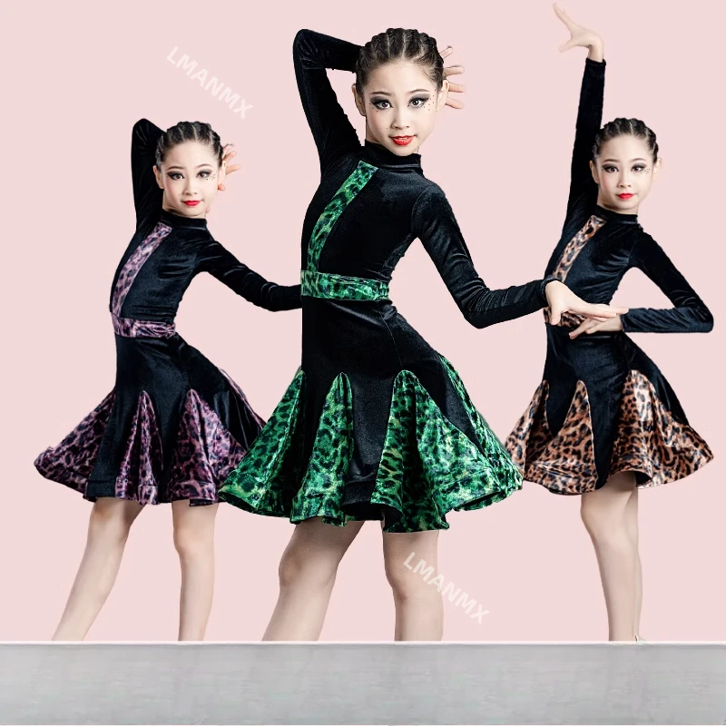 

New children's Latin dance dress autumn and winter girls' leopard print practice outfit long sleeved children's dance outfit