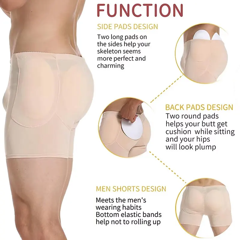 Men's 4 Removable Padded Boxer Sexy Hip Enhancer Breathable Butt Lifter Shapewear Booty Padded Underwear Short Panties Tummy Control Body Shaper