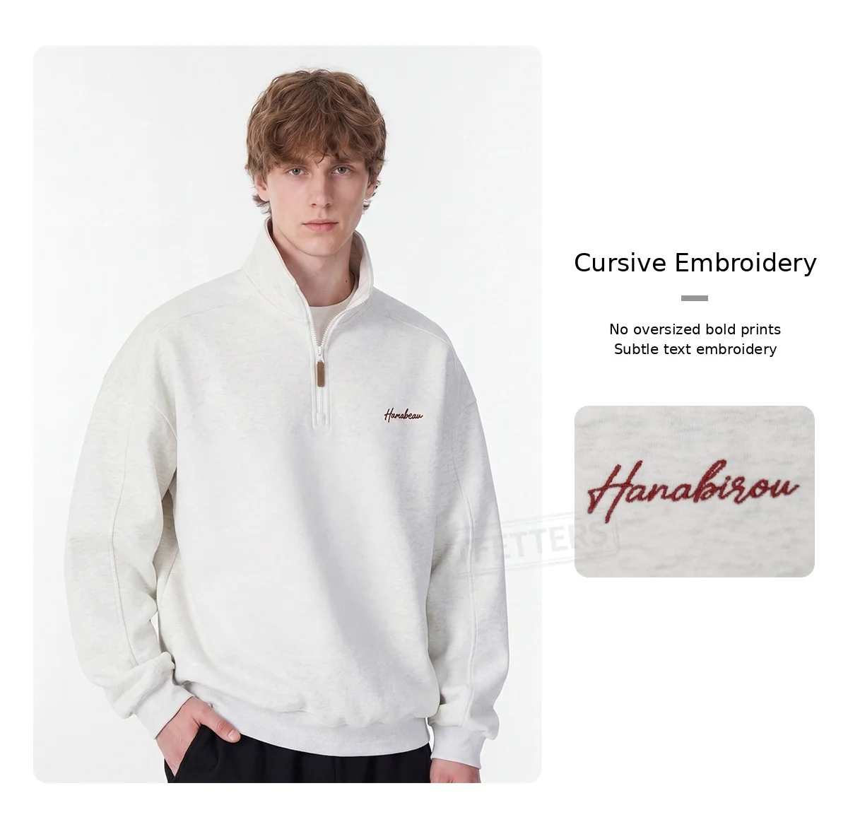 TFETTERS Fall Loose Cotton Half Zip Sweatshirt for Men Heather Gray Stand Collar Minimal Embroidered Casual Tops for Man EU SIZE