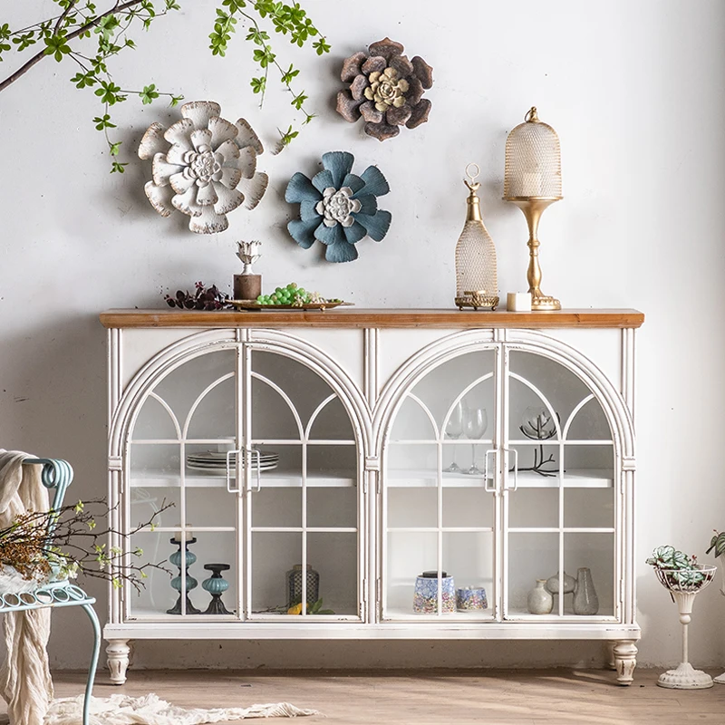 

French simple cream style dining side cabinet American retro old multi-layer white storage bookcase locker against the wall high