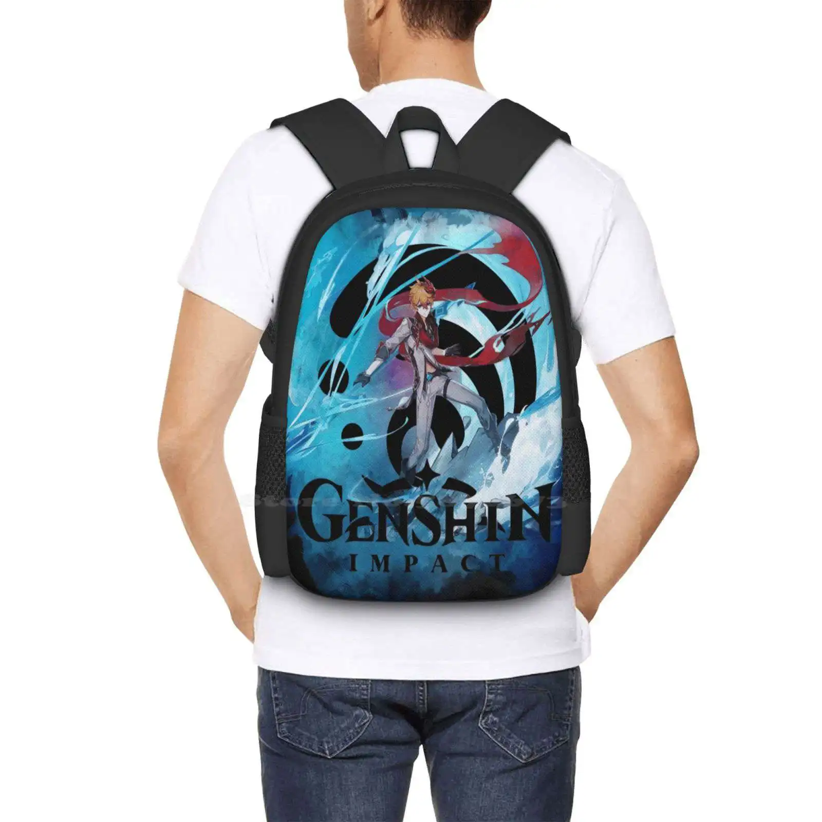 Mochila Genshin Impact Gaming, Bolsa de Estudante Aquarela Tartaglia 3D Print Design, Husbando Video, Venti Jean Diona Kequing