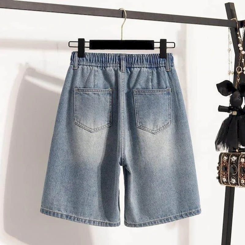 Denim Wide Leg Pants Loose 2026 Summer Large Size Five-point Pants American Style Ripped Jeans Vintage Women Baggy Y2k Clothes