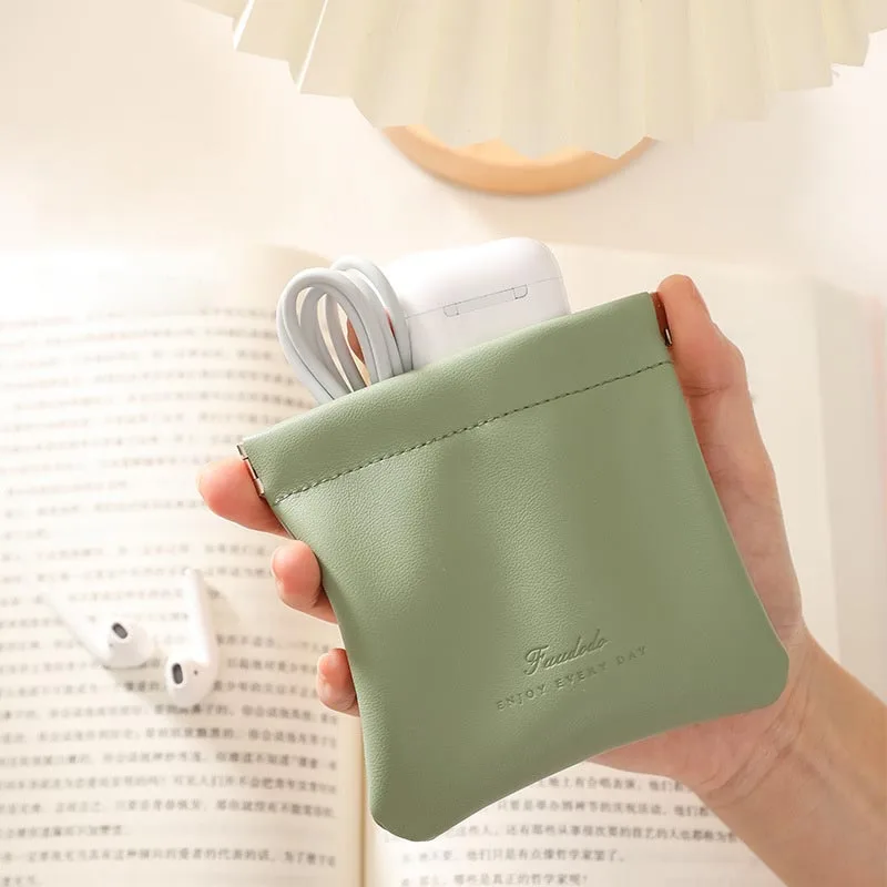 Automatic Closing Lipstick Pouch Leather Cable Organizer Bag Sealing Coins Keys Organizer Bag Jewelry Earphone Storage Pouch