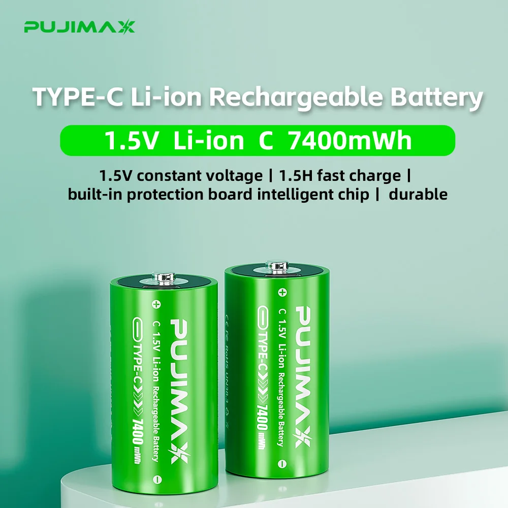 PUJIMAX C Size Rechargeable Batteries 1.5V 7400mWh Battery Type-C Cell High Energy For Flashlight,Video,Gas Cooker,Water Heater