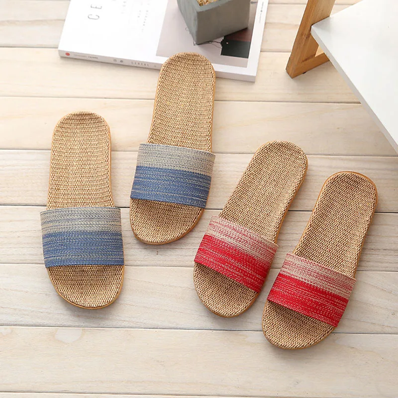 Fashion Men Anti-Slip Linen Slippers Home Indoor Open Toe Flat Shoes Couple Lightweight Beach Slippers Chaussure Homme