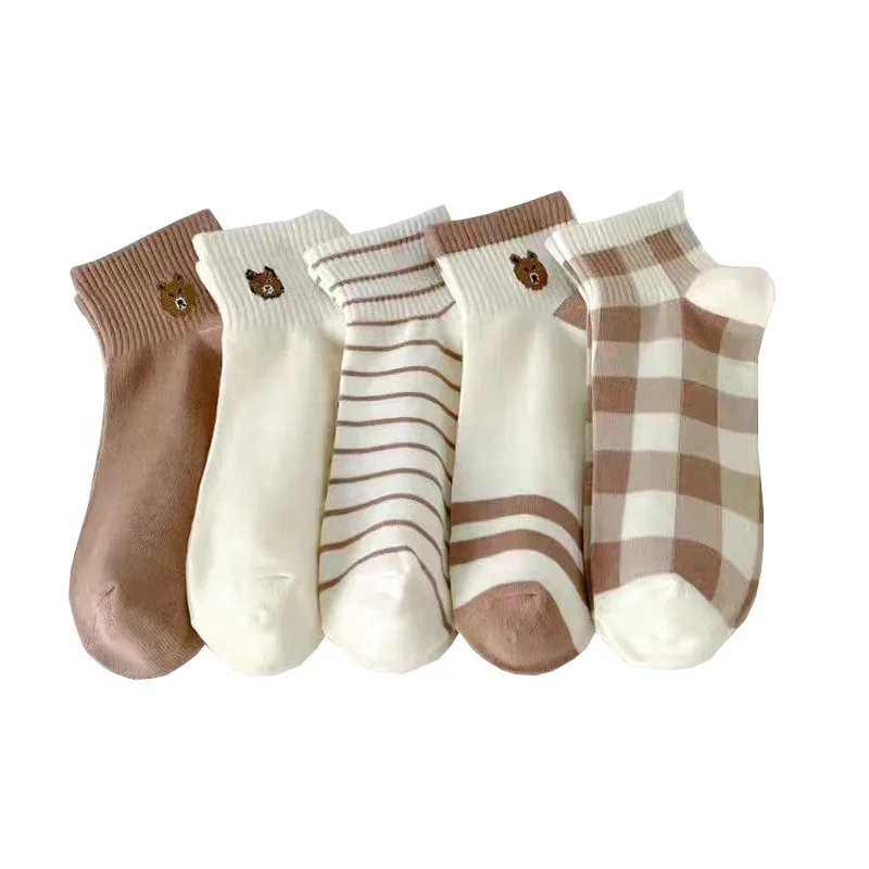 5 Pairs Low Tube Women Socks Set Striped Bear Pattern Cute Bear for Women Fashion Style Casual Comfortable for Famle Niche