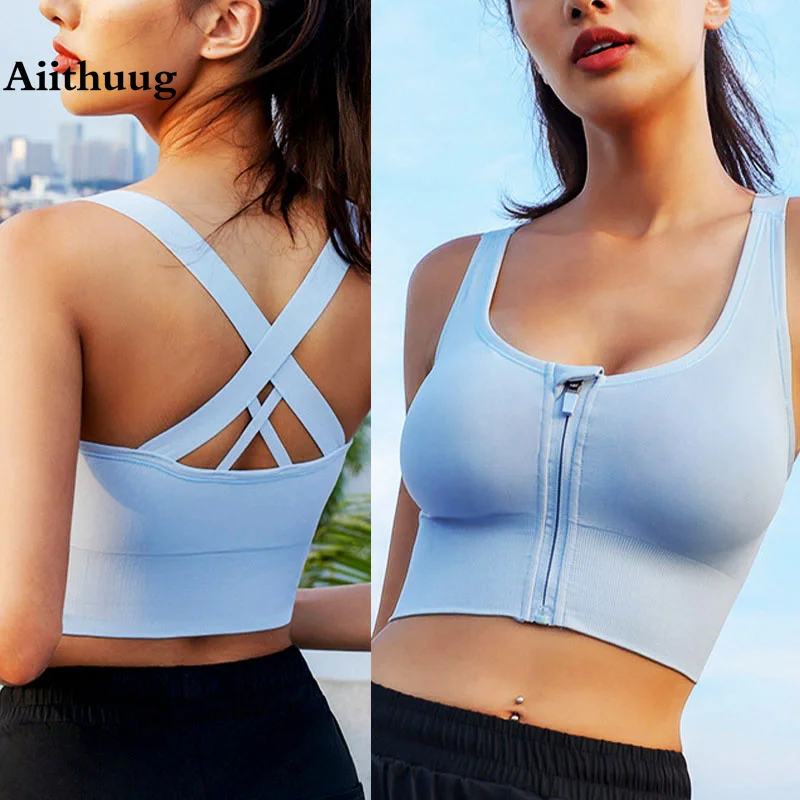 Aiithuug Gym Workout Crop Tops Yoga Bras Fitness Crop Running Bras with Zipper Inner Hook Bounce Control Jogging Active Bra