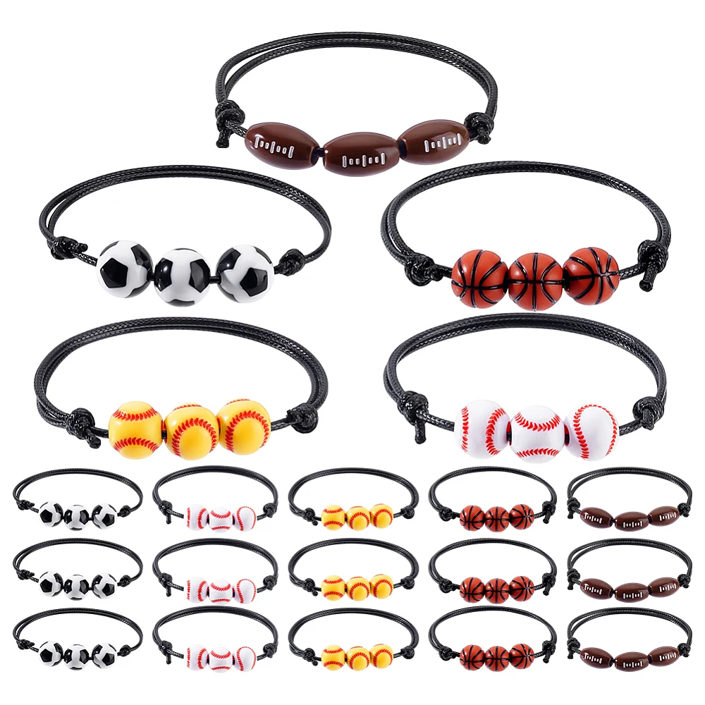 20pcs Sports Party Favors Charm Bracelets 5 Styles Sport Beads Ball Adjustable weave Rope Basketball Tennis Rugby Wristbands