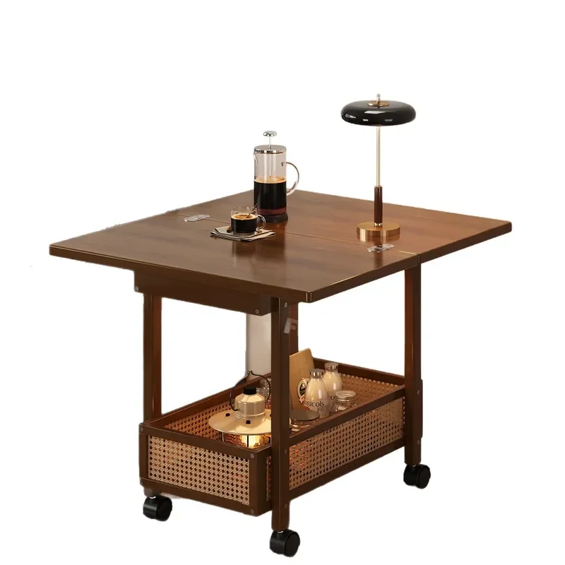 Foldable Bamboo Rattan Side Table Mid Century Modern Coffee Cart for Living Room Sofa Small Apartment Storage Cabinet