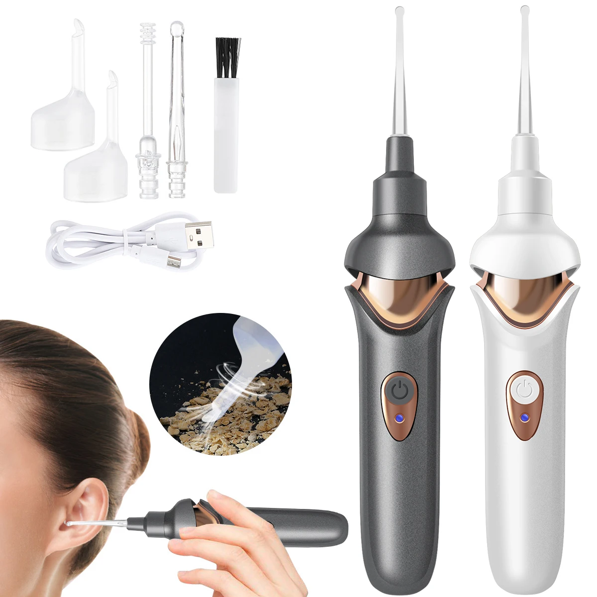Electric Earwax Removal Kit USB Soft Ear Spoon Head Spiral Ear Cleaner Vibration Painless Vacuum Ear Wax Pick with LED Lights