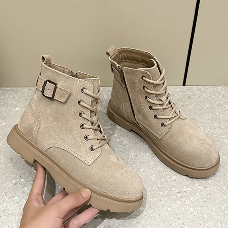 Yozcttaa Size 34-40 Women Ankle Combat Boots Suede Real Leather Hike Motorcycle Boots Casual Thick Heel Platform Shoes Fall 2025