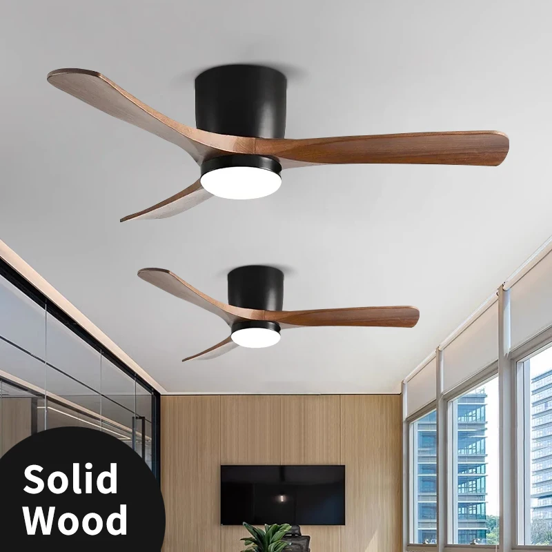 Low Floor Modern Ceiling Fan with Solid Wood Blades, Solid Wood DC Motor, Reversible Blades, Remote Control, LED Fan with Lights