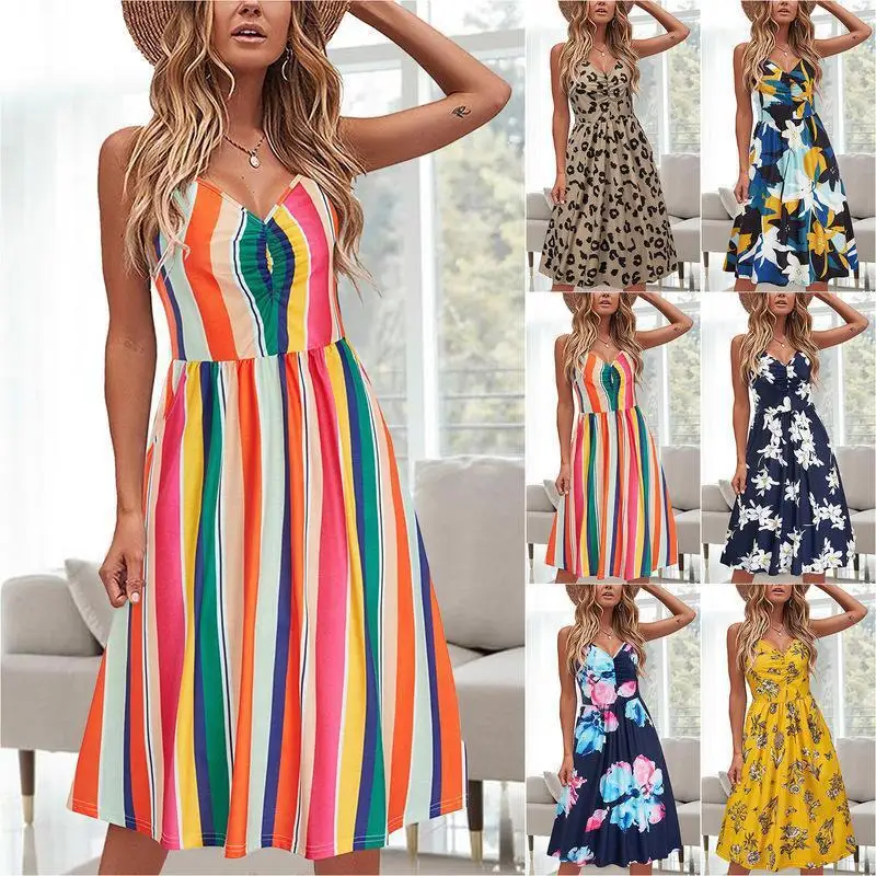 

Women's Casual Slimming Dress Sleeveless Summer Beach A-Line Thin Shoulder Pocket Vest Skirt