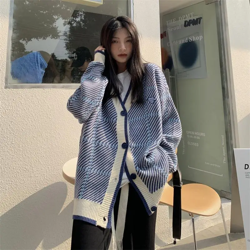 Plaid Cardigan Women Knitwear Elegant Stylish Ulzzang Baggy Long Sleeve Vintage Fashion Mujer Ropa Кардиган Женский All-match