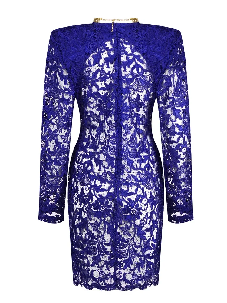 Sexy O cou manches longues voir à travers la robe en dentelle avec tour de cou femmes bleu évider pure Mini robes Cocktail robe de soirée