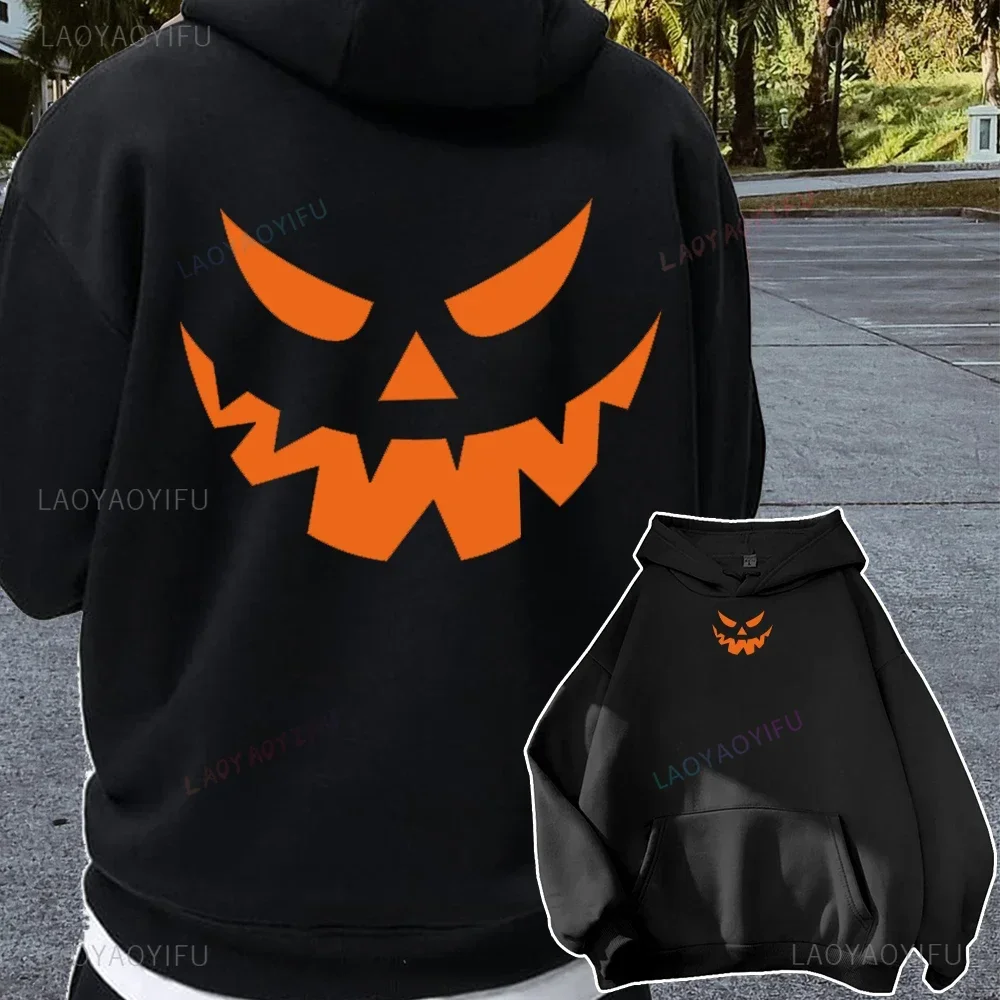 Halloween Pumpkins Orange Hoodies Casual Long Sleeves Hooded Funny Pumpkin Face Sweatshirts Halloween Couple Pullover Tops