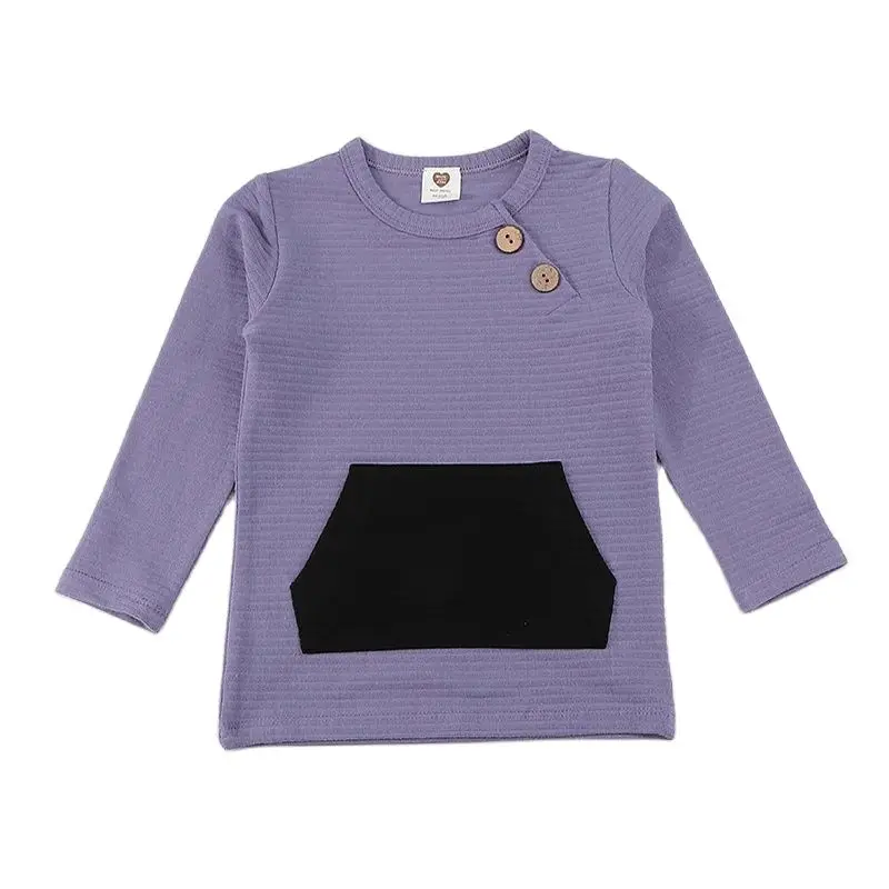 Top KDS T-Shirt Long Sleeves Elegant Outfit Winter Ribbed Contrast Pocket Boy Girls Clothes Autumn and Winter Children T-Shirt