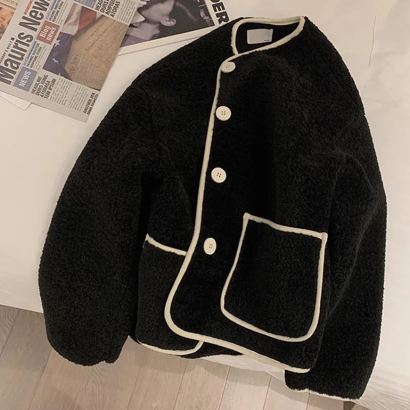 Deeptown Teddy Jacket Women Vintage Button Cropped Jackets Thick Coats Oversized Preppy Korean Style All-match Chic Warm Fashion