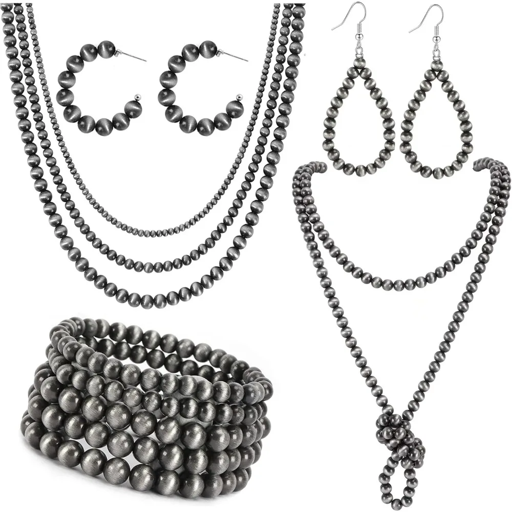 

Pearl Necklace Bracelet Earrings Set Boho Vintage Western Cowgirl Jewelry