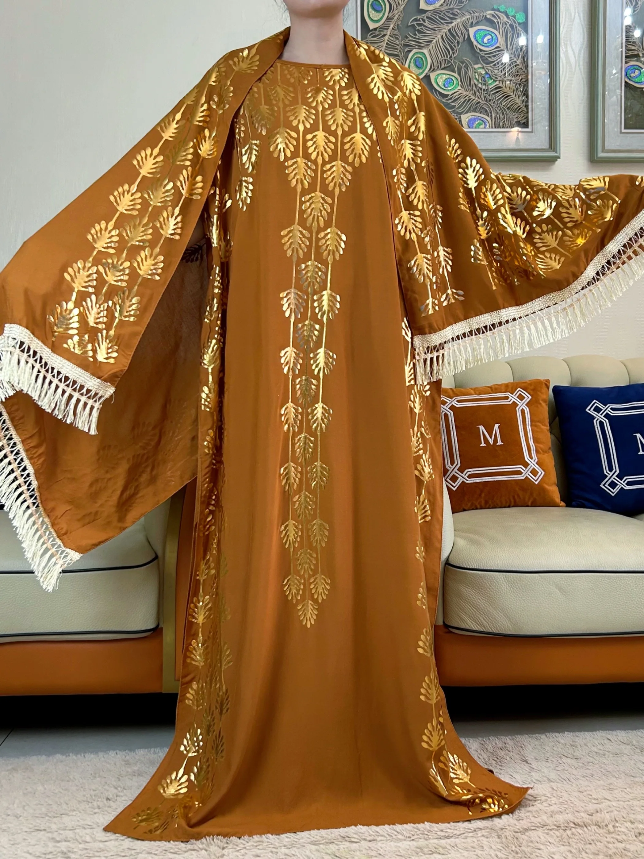 New Fashion Summer Dress With Big Scarf Dubai Turkey Kaftan Muslim Loose  Abaya Women African Casual Maxi  Gold Stamping  Robe