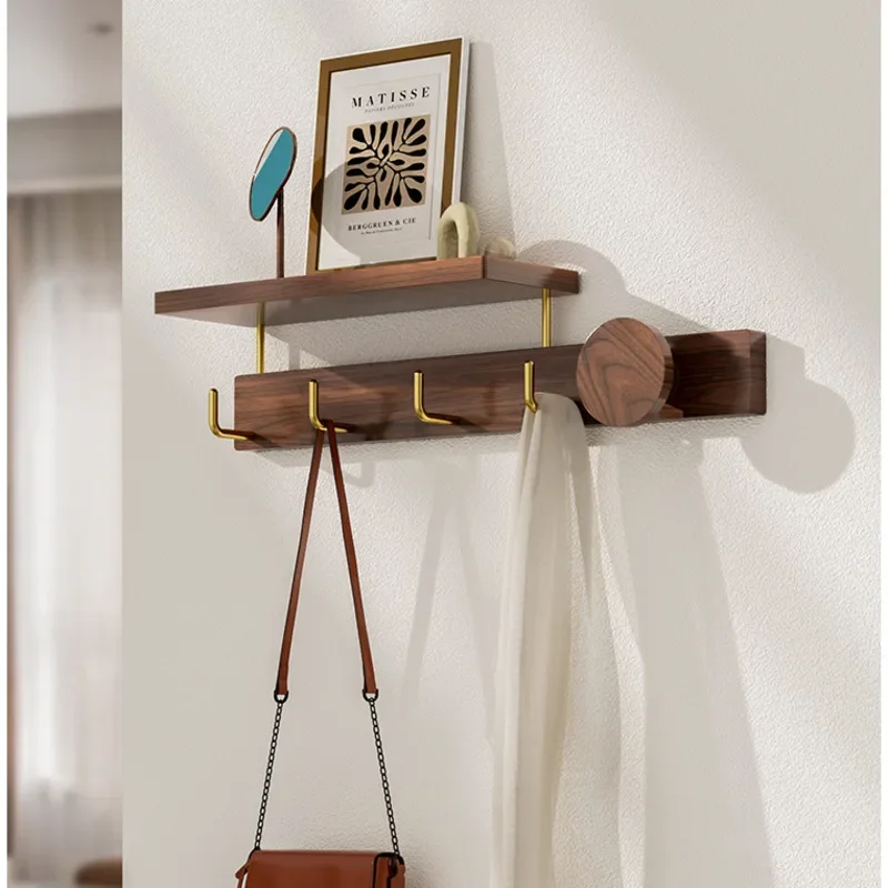 No Punching Clothes Hook Black Walnut Wood Coat Rack Creative Living Room Storage Shelves Versatile Scene Hanger For Bags