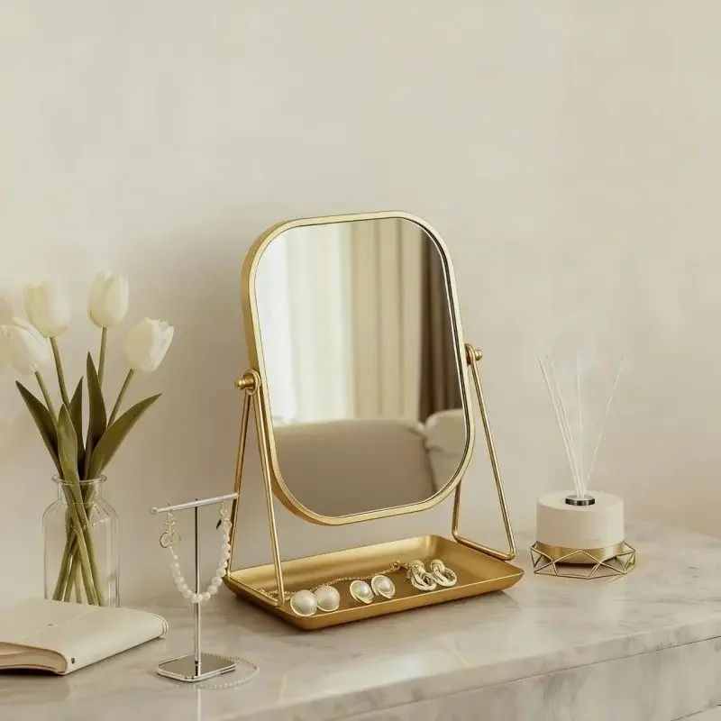 European Style Makeup Mirror Desktop Girls' Dormitory Rotatable Decorative Mirror Bedroom Makeup Storage Dressing Mirror