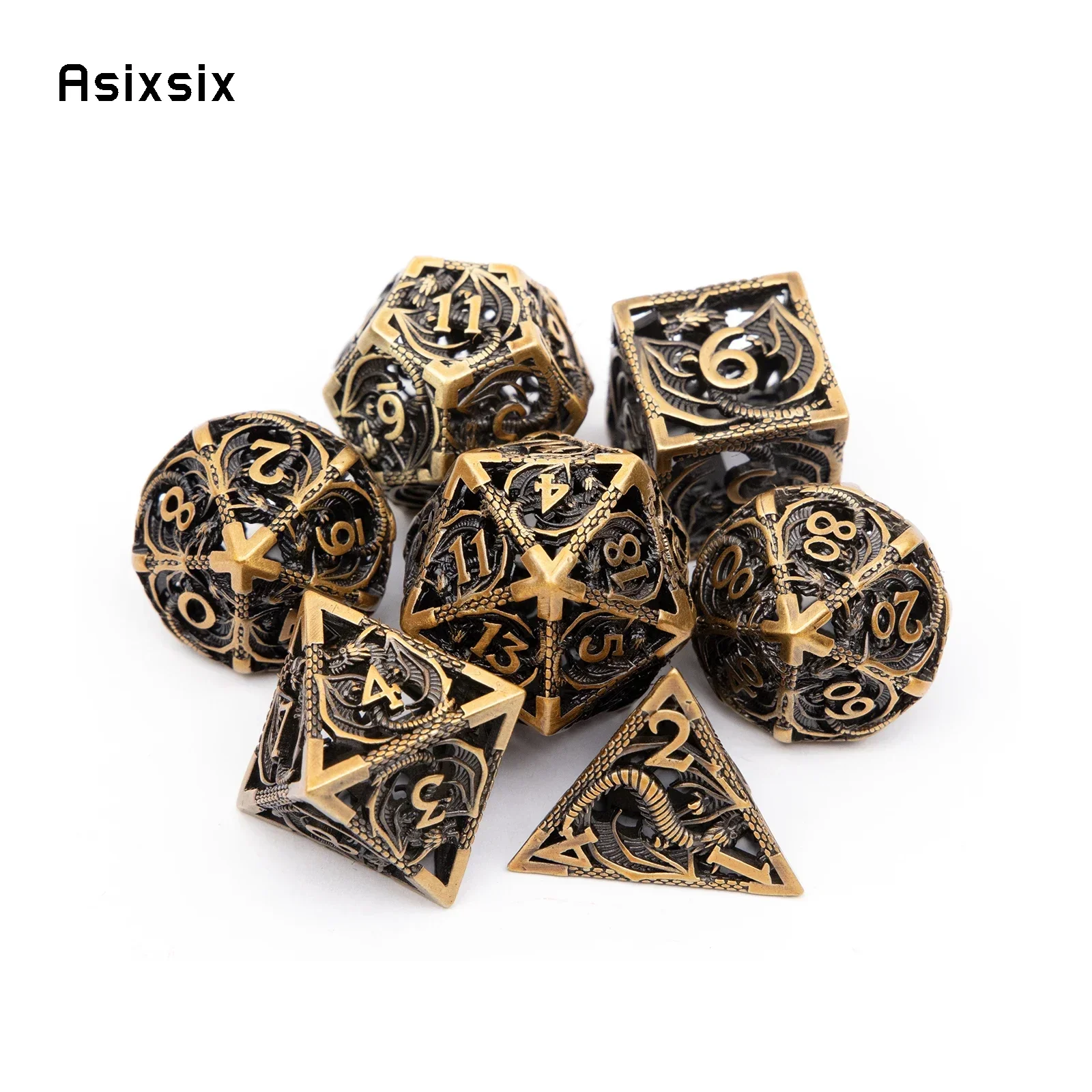 

7 Pcs Golden Black Dragon Metal Dice Hollow Metal Polyhedral Dice Set Suitable For Role-Playing Dice PropBoard Game Gift