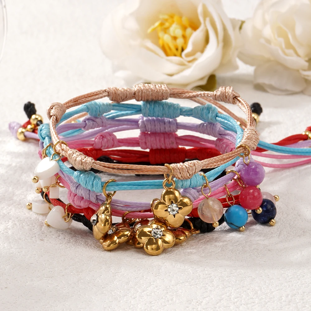 

1 pc Sweet Colorful Braided Rope Metal Floret Pendant Bracelet Set Versatile Women's Accessory