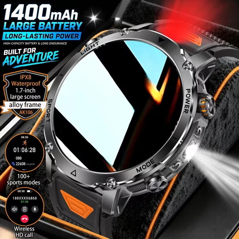 Brand new rugged and durable 1400mAh battery men's outdoor smartwatch, LED flashlight, IPX8 waterproof, BT call, fitness tracker