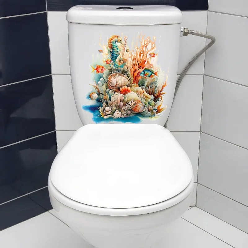 

Coral Starfish Fish School Toilet Seat Sticker, Bathroom Decorative Decal for Washroom Toilet Lid