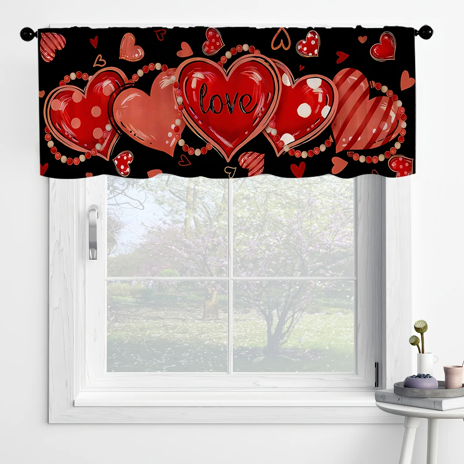 

1pc Happy Valentine'S Day Black And Red Heart-shaped Kitchen Curtains, Machine Washable, Suitable for Home Decor