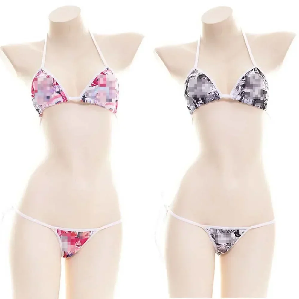 Conjunto de Bikini de microrayado de Anime Lolita, traje de baño para mujer, sujetador Halter y bragas, lencería Sexy, Bikini Monokini, conjuntos de traje de baño