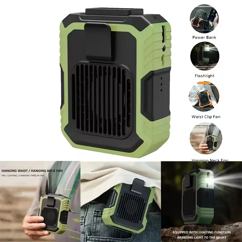 USB stick waist fan Outdoor wearable neck fan with flashlight warning light cooling function