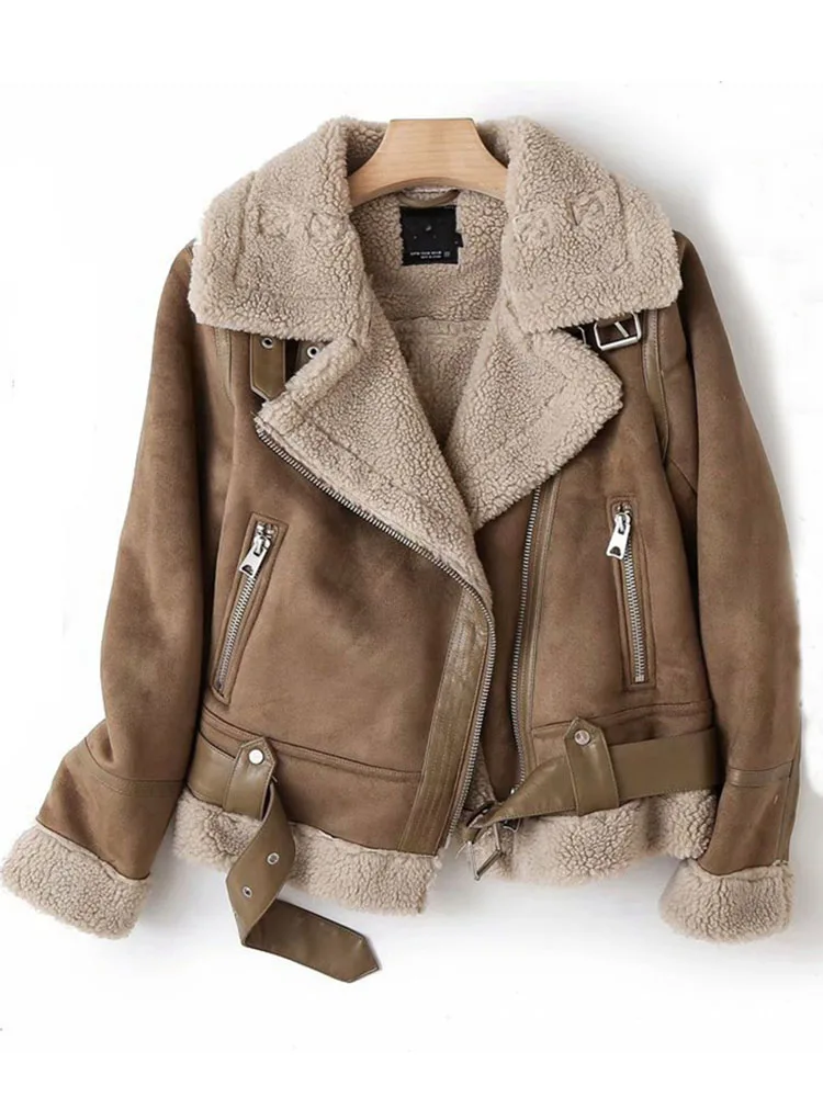 ZADORIN 2025 Winter Stijlvolle Suède Oppervlak Faux Lamsbontjas Vrouw Y2K Kleding Mode Moto Dikke Warme Bontjas Topjassen
