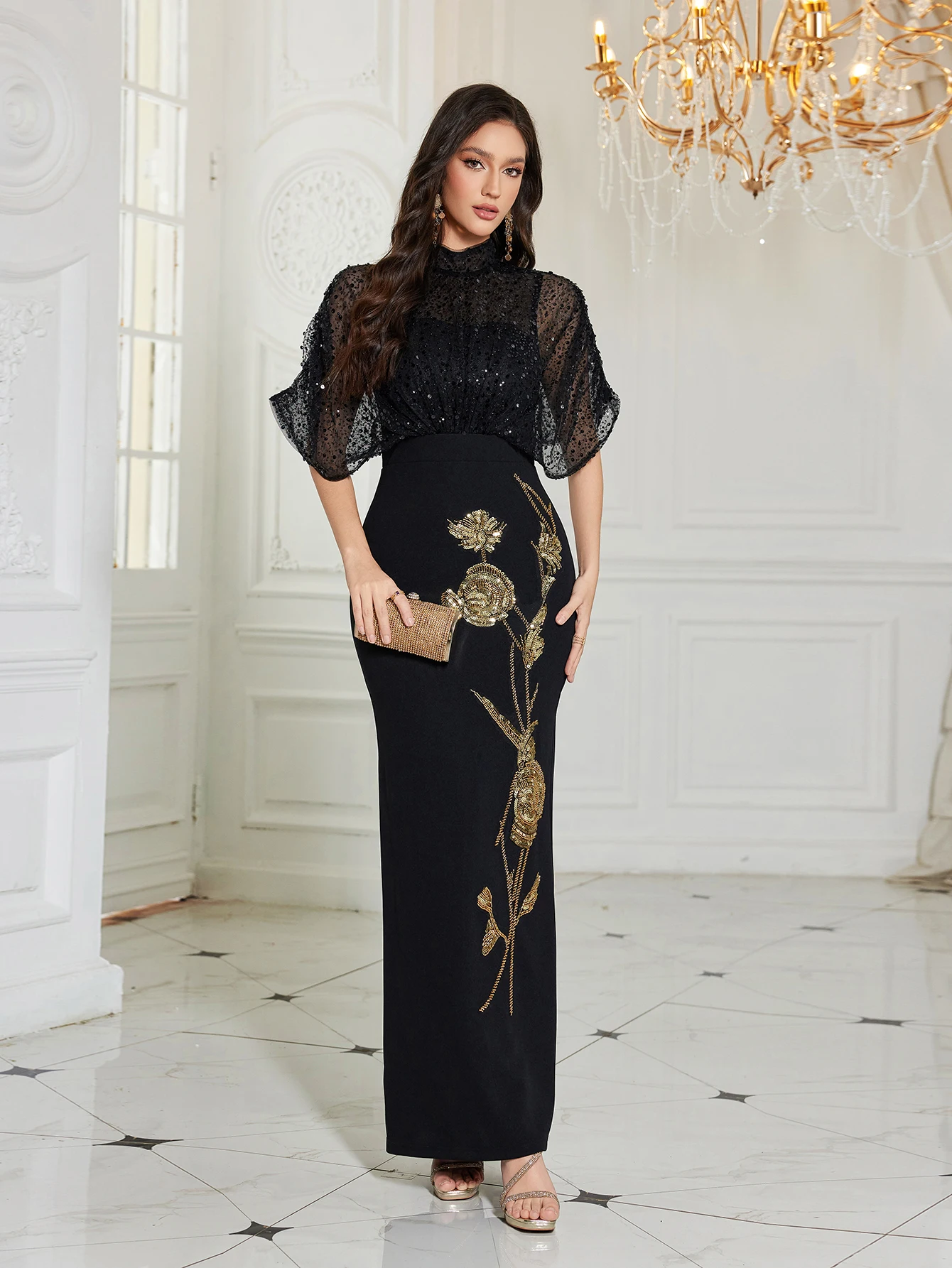 

UNITHORSE Women's Stand Collar Half Sleeve Sequins Mesh Fabric Patchwork Jersey Slim-Fitting Slit Evening Dress