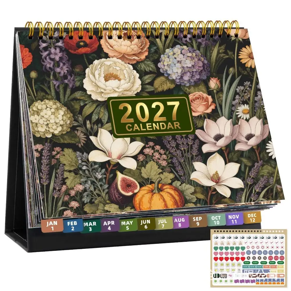 Floral Pattern 2027 Desk Calendar Spiral Bound Decorative Standing Flip Calendar Standing Design Coil Binding Table Calendar