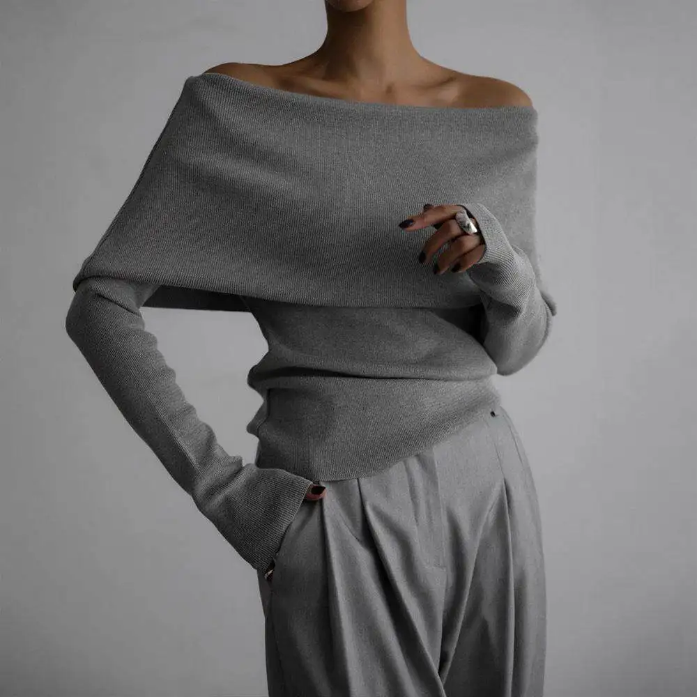 

Elegant Knitted Long Sleeve One Shoulder Women's Sweater Base Shirt Sexy Slim Fit Bared Shoulder Top for Autumn Winter