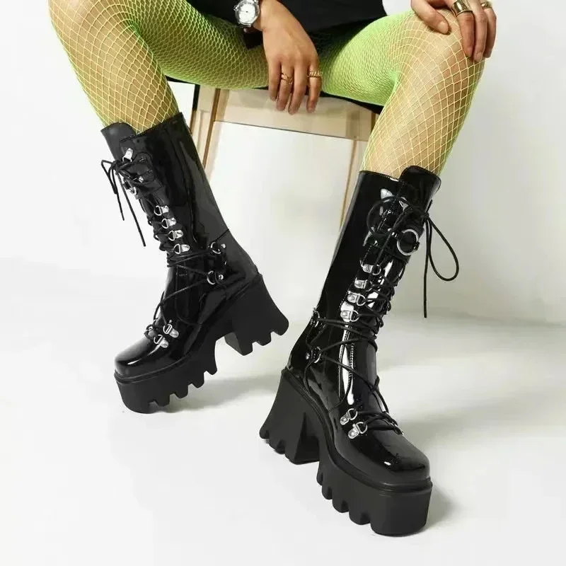 Vrouwen Hoge Laarzen Cosplay Halfhoge Laarzen Hoge Platform Wiggen Laarzen 2024 Herfst Winter Nieuwe Designer Gothic Schoenen voor Vrouwen Botas