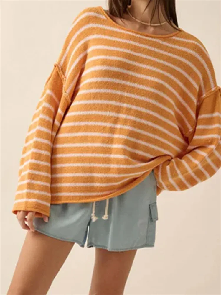 2024 Fashion Women Loose Casual Knitted Sweaters Striped Long Sleeve Round Neck Pullovers Spring Fall Jumpers Tops Streetwear