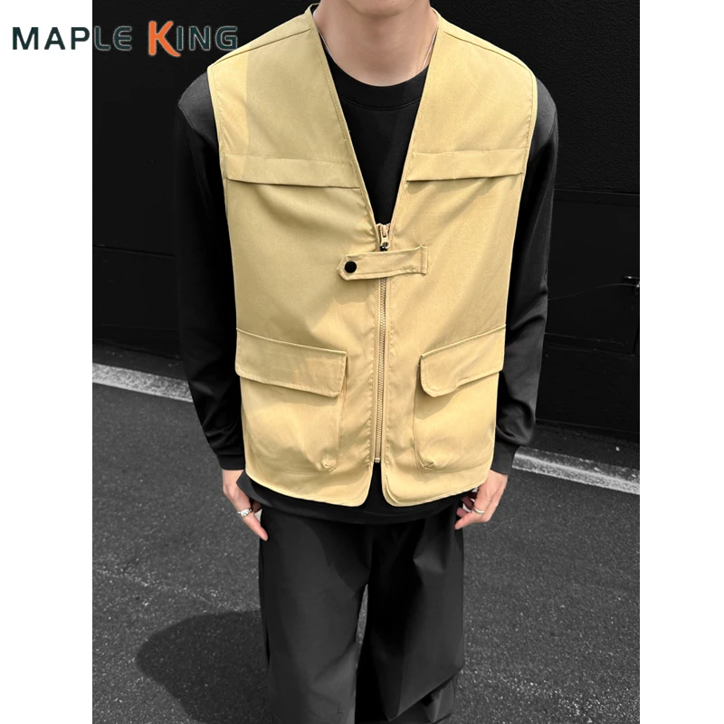 

Outdoor Men Vest Jackets Fishing Hiking Zipper Man Sleeveless Waistcoat Fashion Solid Color Khaki Male Workwear Plus Size 5XL-S