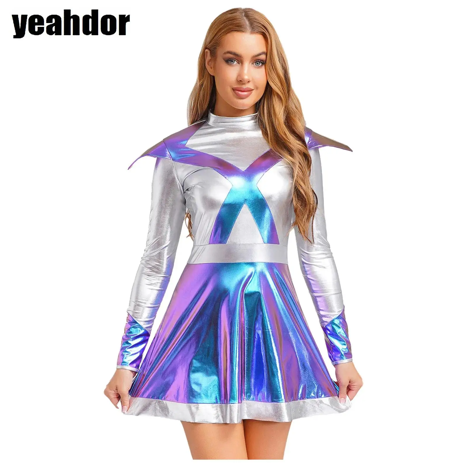 

Womens Alien Astronaut Cosplay Dress Long Sleeve with Flap Metallic Shiny A-line Dress Space Female Warrior Dress Halloween Part